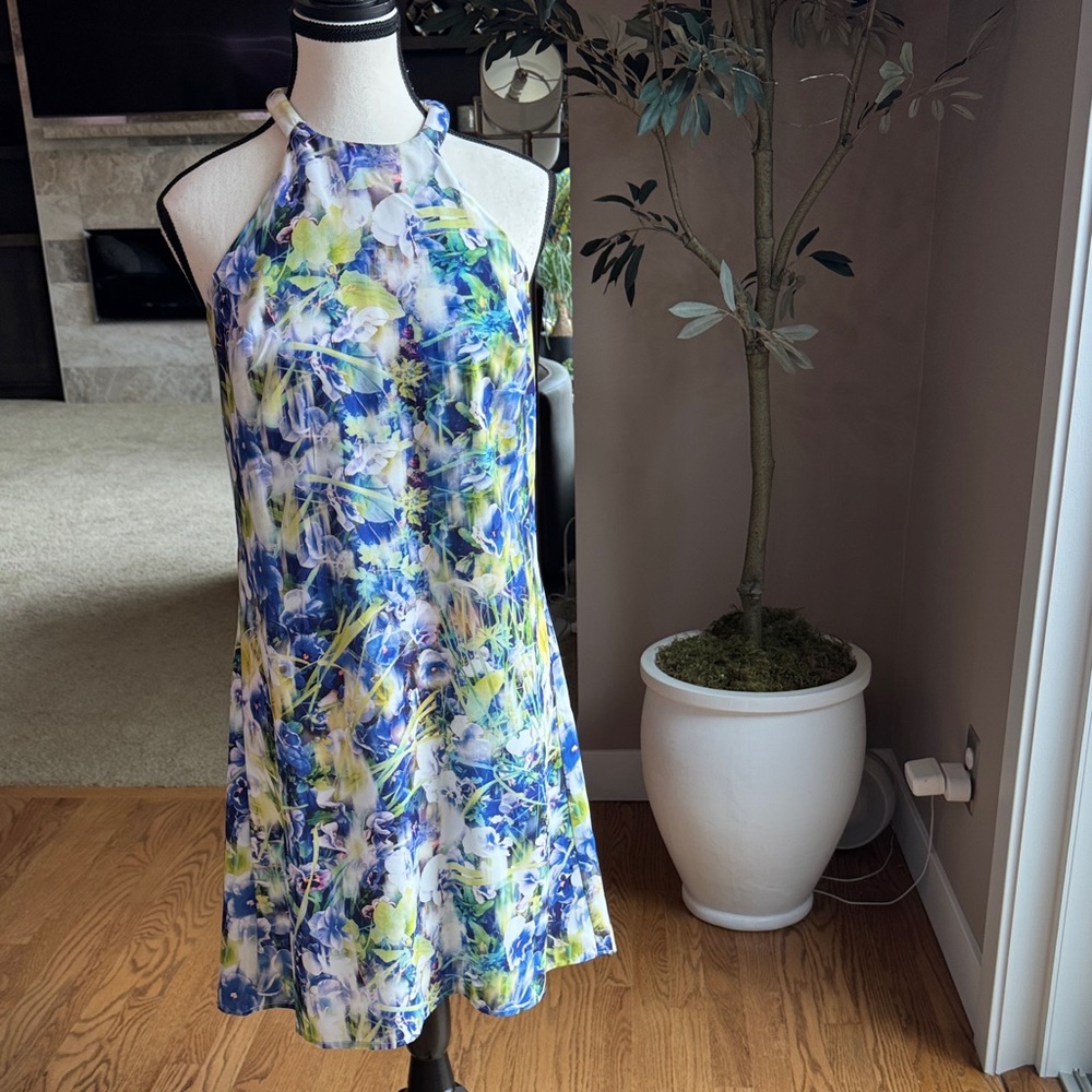 Sleeveless Floral Halter Dress in Blue and Yellow